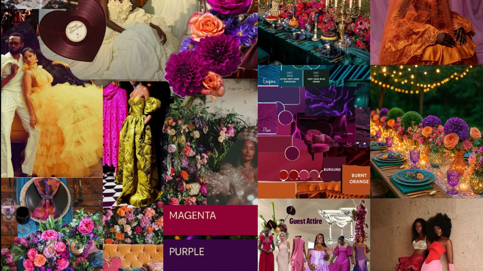 Mood board: jewel-toned florals, candlelit table settings, models in magenta, plum, burnt orange, and emerald &mdash; the palette for the evening.